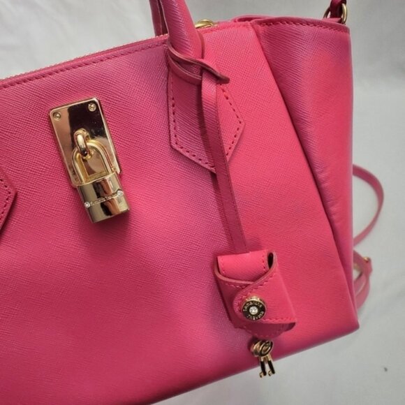 Samantha Thavasa Hot Pink Saffiano Leather Satchel Bag Padlock Crossbody Gold - Picture 14 of 15